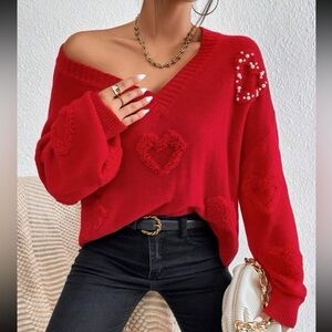 Red Pearl Beaded Heart Sweater - Medium